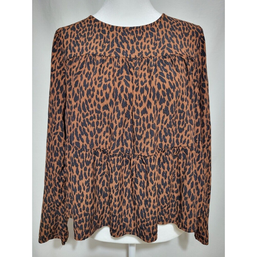 GAP Women’s Petite S Leopard Animal Print Long Sleeve Blouse Keyhole Back